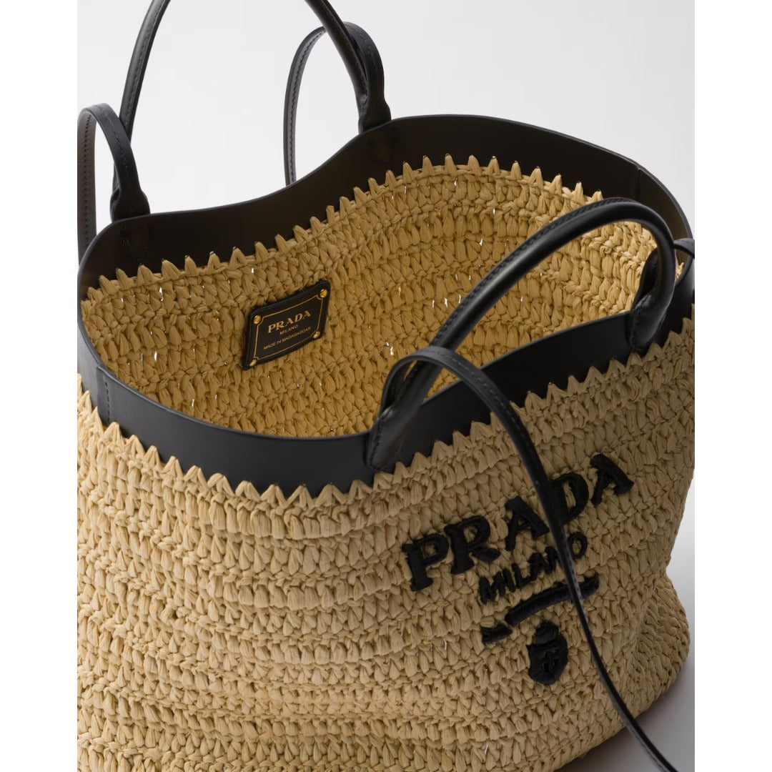 【大注目】PRADA◆ラフィア風×レザー ミディアム トートバッグ