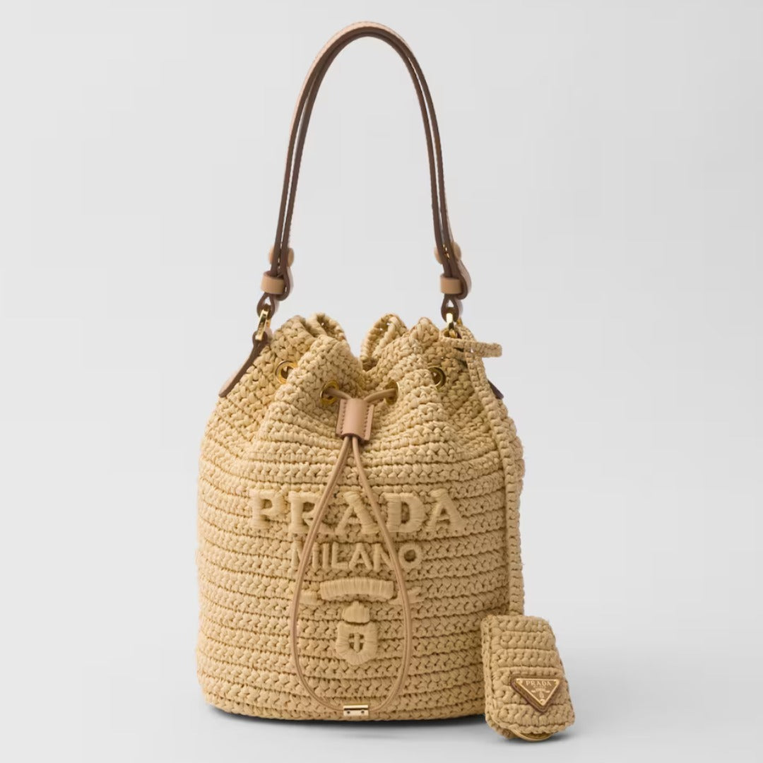 PRADA◆ラフィア×レザー ミニバケットバッグ ストラップ付