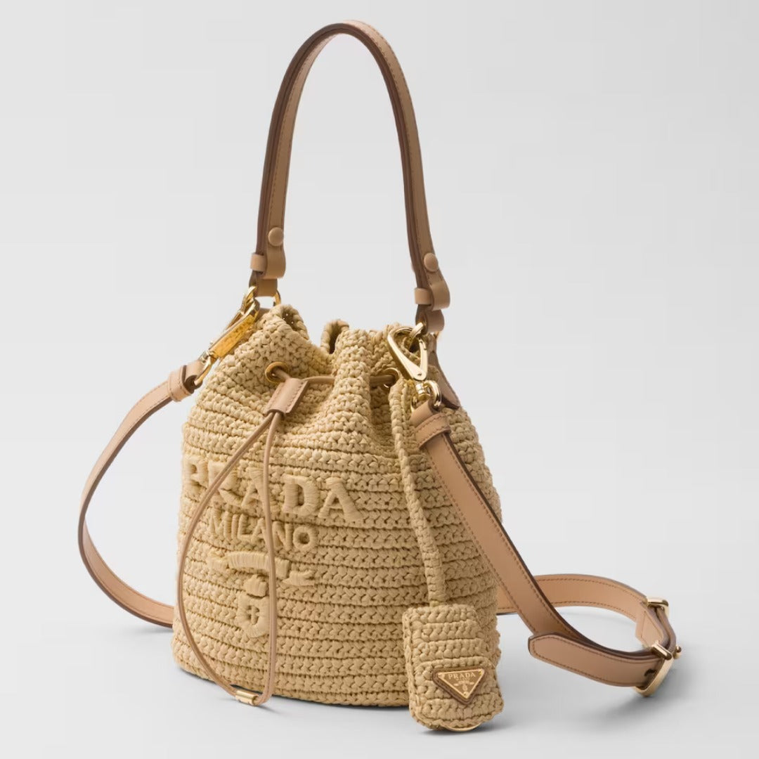 PRADA◆ラフィア×レザー ミニバケットバッグ ストラップ付