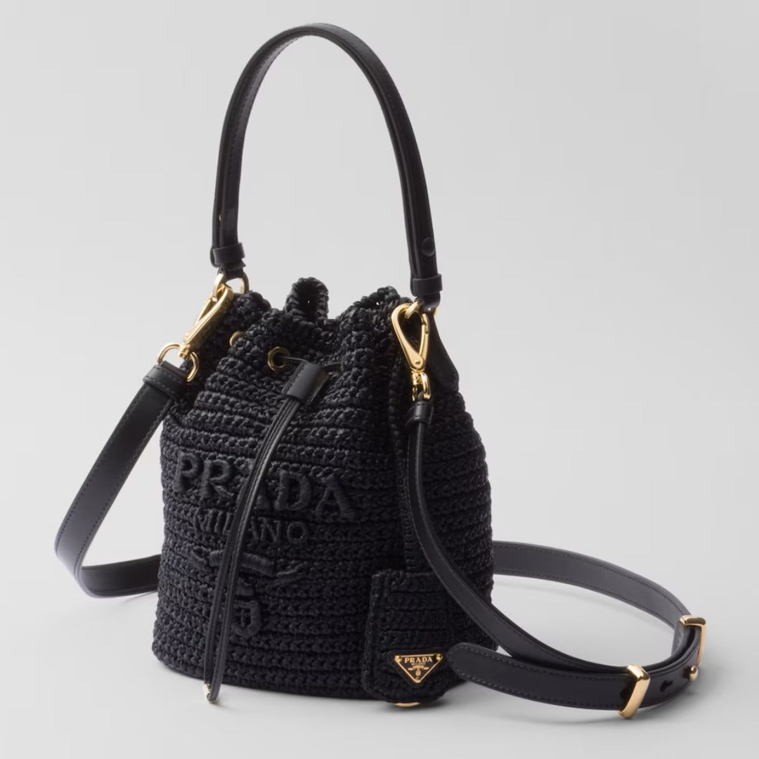 PRADA◆ラフィア×レザー ミニバケットバッグ ストラップ付
