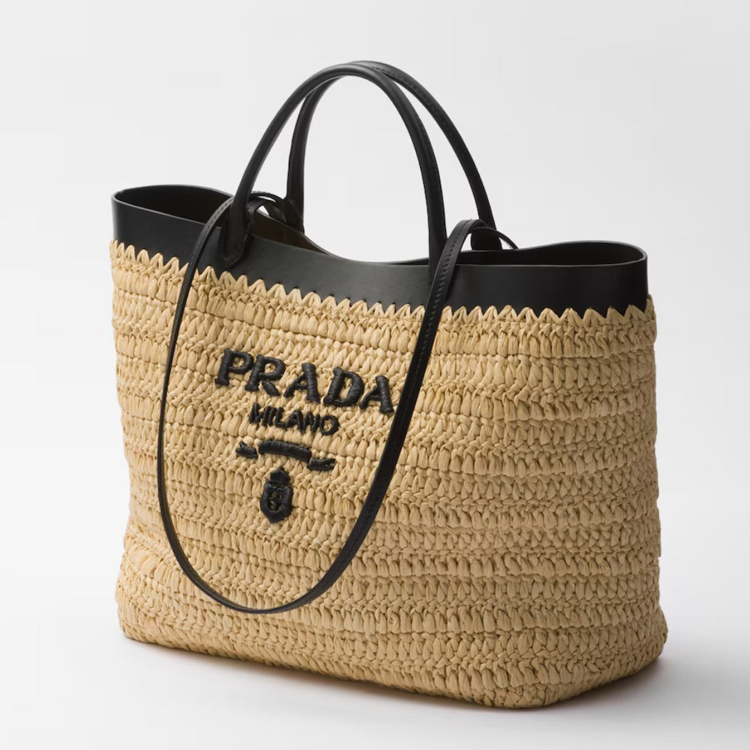 【大注目】PRADA◆ラフィア風×レザー ミディアム トートバッグ