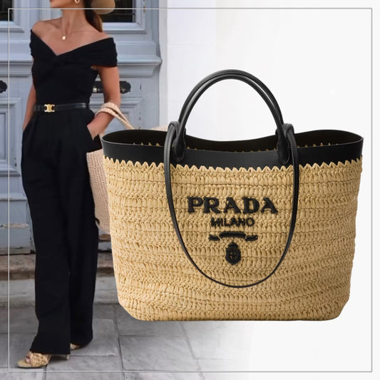 【大注目】PRADA◆ラフィア風×レザー ミディアム トートバッグ
