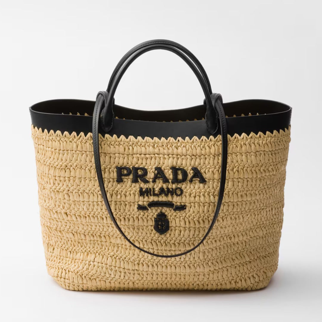 【大注目】PRADA◆ラフィア風×レザー ミディアム トートバッグ