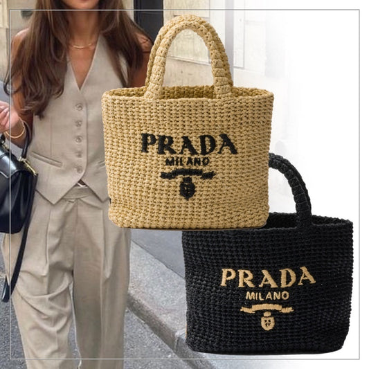 【大注目】PRADA◆ラフィア風 スモール トートバッグ 刺繍ロゴ