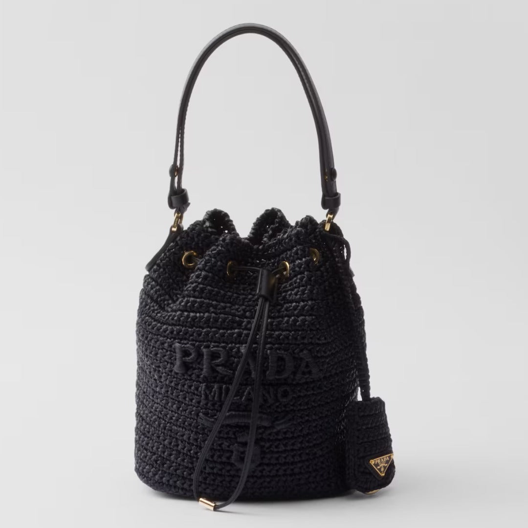 PRADA◆ラフィア×レザー ミニバケットバッグ ストラップ付