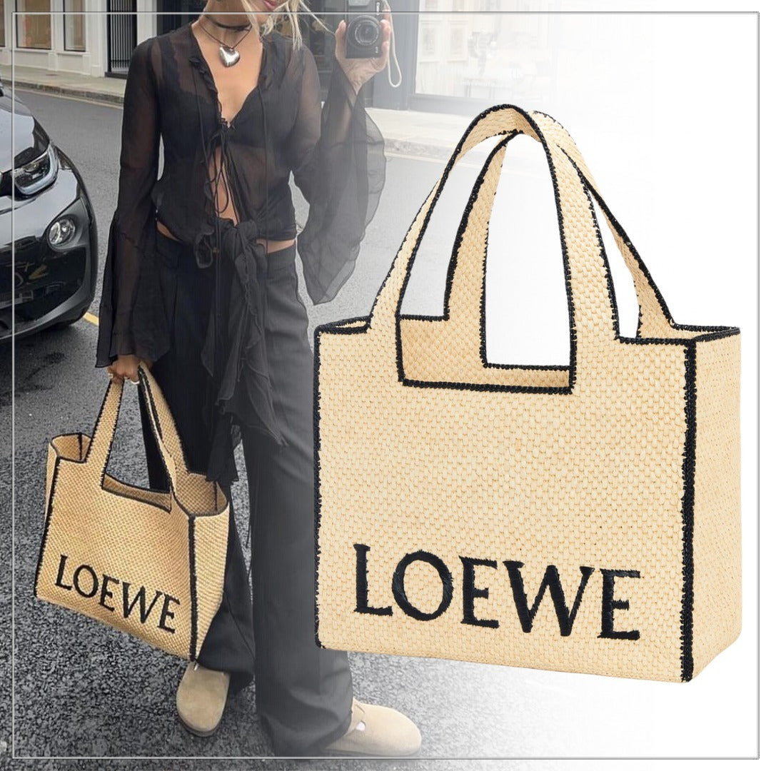 【話題】LOEWE◆ラフィア ラージ フォントトート レザーポケット