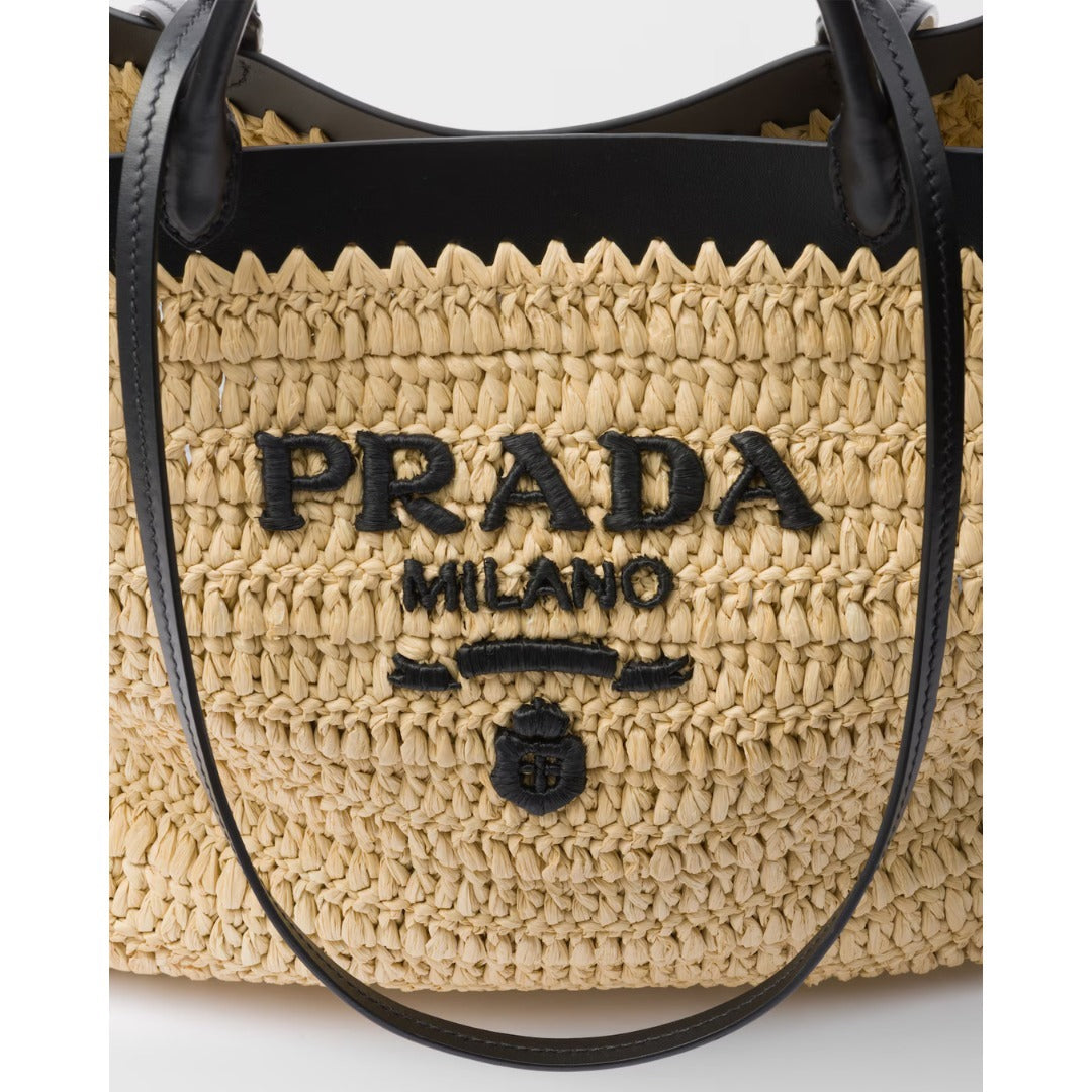 【大注目】PRADA◆ラフィア風×レザー ミディアム トートバッグ